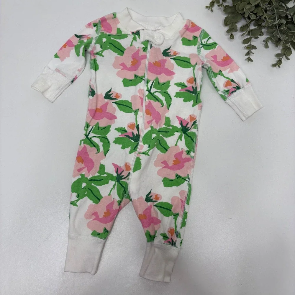 Hanna Andersson Organic Cotton Baby Pajamas 0-6 Mnth Pink Floral Zip Up - Picture 1 of 3
